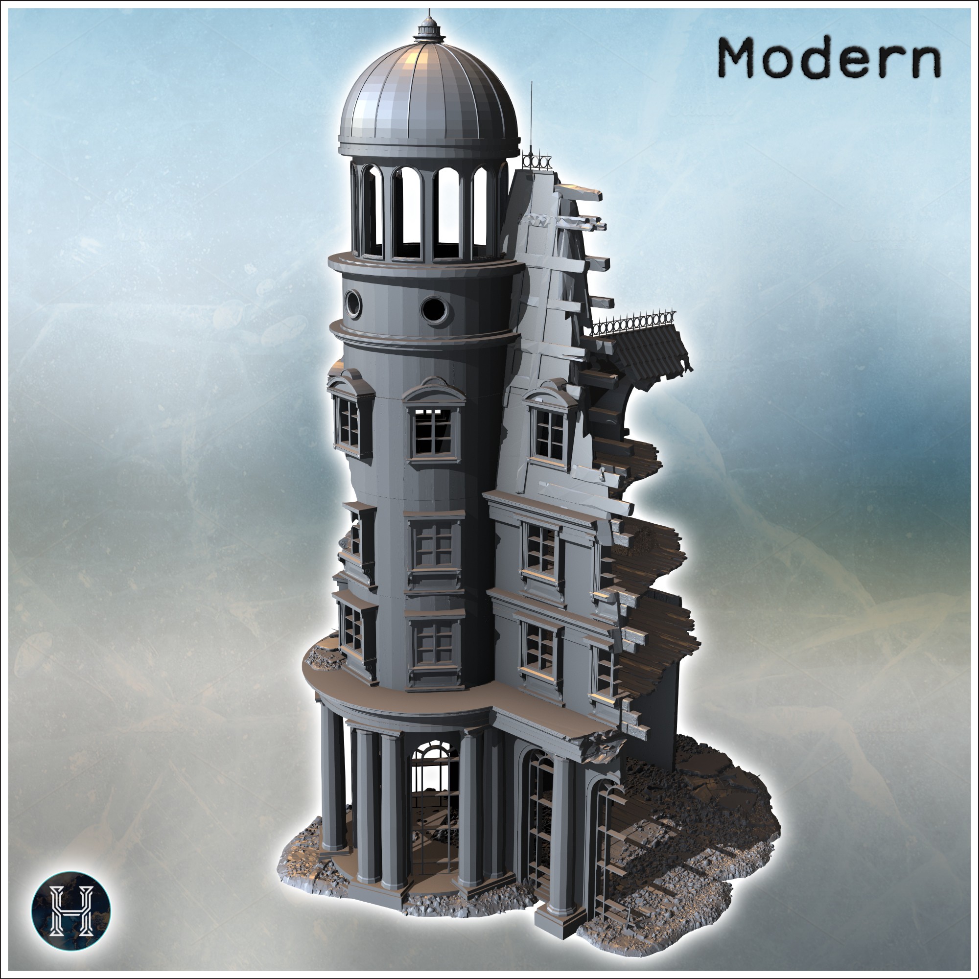 Large dome building with broken sections, detailed columns, and rubble scattered across the base (8) - Modern WW2 WW1 World War Diaroma Wargaming RPG Mini Hobby